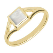 9ct Yellow Gold Mother of Pearl Square Split Shoulder Ring. R063.