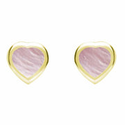 9ct Yellow Gold Pink Mother Of Pearl Small Framed Heart Stud Earrings. E763.