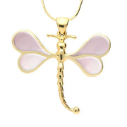 9ct Yellow Gold Pink Mother of Pearl Four Stone Dragonfly Necklace. P1473.