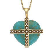 9ct Yellow Gold Turquoise Pearl Large Cross Heart Necklace P2155