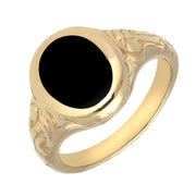 9ct Yellow Gold Whitby Jet Carved Shoulder Oval Signet Ring. R099