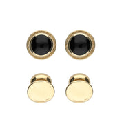 9ct Yellow Gold Whitby Jet Framed Round Shirt Studs. CL089.