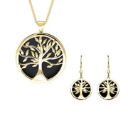 9ct Yellow Gold Whitby Jet Large Round Tree of Life Two Piece Set S063