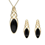 9ct Yellow Gold Whitby Jet Marquise Pierced Long Two Piece Set, S054.