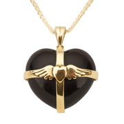 9ct Yellow Gold Whitby Jet Medium Winged Cross Heart Necklace P1856