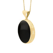 9ct Yellow Gold Whitby Jet Mother of Pearl Queens Jubilee Hallmark Double Sided Round Necklace, P149_JFH