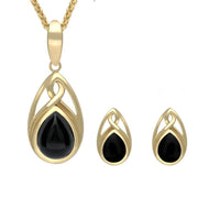 9ct Yellow Gold Whitby Jet Pear Celtic Two Piece Set S055