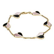 9ct Yellow Gold Whitby Jet Pink Mother of Pearl Split Heart Bracelet. B360.