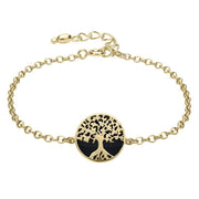 9ct Yellow Gold Whitby Jet Round Tree of Life Chain Bracelet B1140