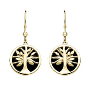 9ct Yellow Gold Whitby Jet Round Tree of Life Drop Earrings E2485