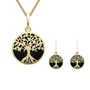 9ct Yellow Gold Whitby Jet Small Round Tree of Life Two Piece Set
