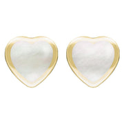 9ct Yellow Gold White Mother Of Pearl Large Framed Heart Stud Earrings. E433.