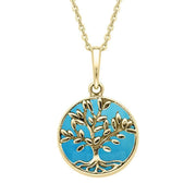 9ct Yellow Gold Turquoise Small Round Large Leaves Tree of Life Necklace P3340