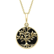 9ct Yellow Gold Whitby Jet Small Round Large Leaves Tree of Life Necklace P3340