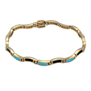 00084508 9ct Yellow Gold Whitby Jet Turquoise Eighteen Stone Wavy Link Bracelet, B570.