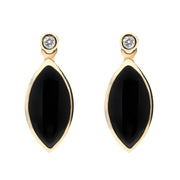 00072950 C W Sellors 9ct Yellow Gold Whitby Jet Diamond Marquise Shaped Drop Earrings E736.