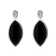 00108069 C W Sellors 9ct White Gold Whitby Jet Diamond Marquise Shaped Drop Earrings E736.
