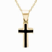 9ct Yellow Gold Whitby Jet Small Slim Cross Necklace. P1050.