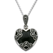 Sterling Silver Whitby Jet Necklace Heart Marcasite Necklace P2139