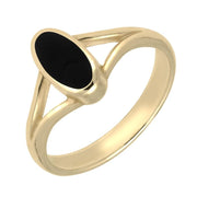 00003672 C W Sellors 9ct Yellow Gold Whitby Jet Oval Split Shank Ring. R114.