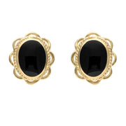 00066627 C W Sellors 9ct Yellow Gold Whitby Jet Large Rope Oval Frill Stud Earrings, E079.