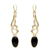 00071566 C W Sellors 9ct Yellow Gold Whitby Jet Scroll Drop Earrings, E089.