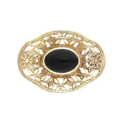 00021808 C W Sellors 9ct Yellow Gold and Whitby Jet Oval Filigree Brooch, M077.