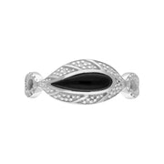 Sterling Silver Whitby Jet Marquise Beaded Edge Ring