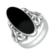 00006495 C W Sellors Sterling Silver Whitby Jet  Oval Carved Edge Ring, R108.