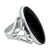 00006495 C W Sellors Sterling Silver Whitby Jet  Oval Carved Edge Ring, R108.