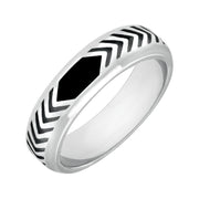 00006676 C W Sellors Sterling Silver Whitby Jet Chevron Patterned 6mm Band Ring, R521
