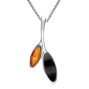 00053917 C W Sellors Sterling Silver Whitby Jet Amber Two Leaf Drop Necklace P2179