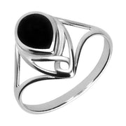 Silver Whitby Jet Pear Shaped Celtic Ring, R845.