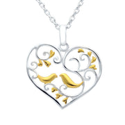 Sterling Silver Yellow Gold Bird and Vine Open Heart Two Piece Set