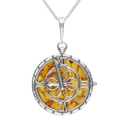 00166593 C W Sellors Sterling Silver Amber Large Round Clock Necklace. P3354