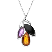 Sterling Silver Whitby Jet Amethyst Amber Three Stone Leaf Necklace E3484