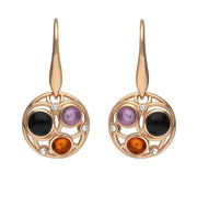 Rose Gold Vermeil Whitby Jet Amethyst Amber Three Stone Open Circle Two Piece Set. earrings