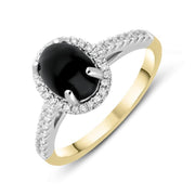 18ct Yellow Gold Whitby Jet Diamond Halo Pave Shoulder Ring R1107.