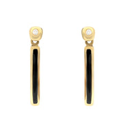 18ct Yellow Gold Whitby Jet Diamond Slim Oblong Drop Earrings. e735.