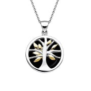 Yellow Gold Plated Sterling Silver Whitby Jet Small Round Tree of Life Necklace, P3547