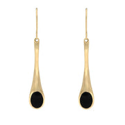 9ct Yellow Gold Whitby Jet Long Tapered Drop Hook Earrings. E840.