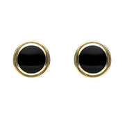 9ct Yellow Gold Whitby Jet Round Plain Edged Stud Earrings. E179.