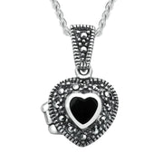 Sterling Silver Whitby Jet Marcasite Small Bead Edge Heart Locket. P2147