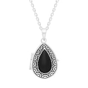 Sterling Silver Whitby Jet Pear Stone Pattern Edge Locket Necklace