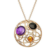 Rose Gold Vermeil Whitby Jet Amethyst Amber Three Stone Open Circle Two Piece Set. necklace