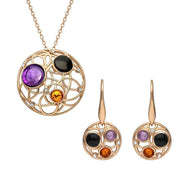 Rose Gold Vermeil Whitby Jet Amethyst Amber Three Stone Open Circle Two Piece Set.