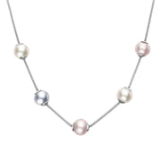 00095652 Sterling Silver Pink Grey White Pearl Five Stone Bead Necklace, N692.