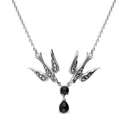 Sterling Silver Whitby Jet Marcasite Double Swallow Necklace N1049
