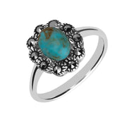 Sterling Silver Turquoise Marcasite Domed Oval Beaded Edge Ring. R822.