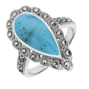 Silver Turquoise Marcasite Pear Centre Beaded Edge Ring R823